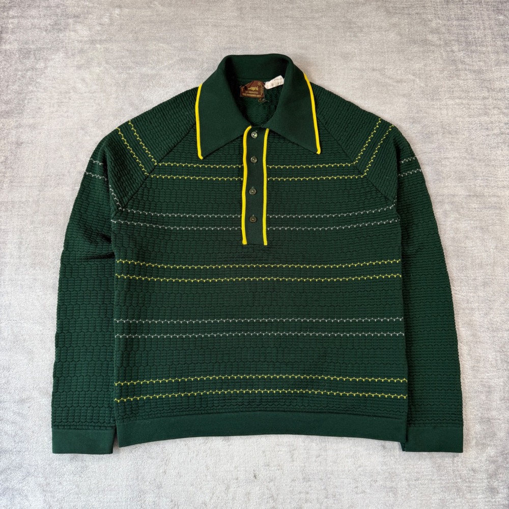 Capri Knit Sweater Mens Medium Green Polo Striped Vintage 70s Textured